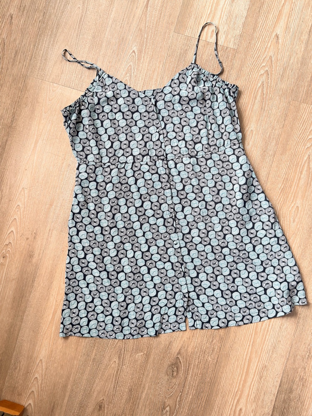 Ecote Mini Dress in Black with Light Blue Dot Print (please read the description